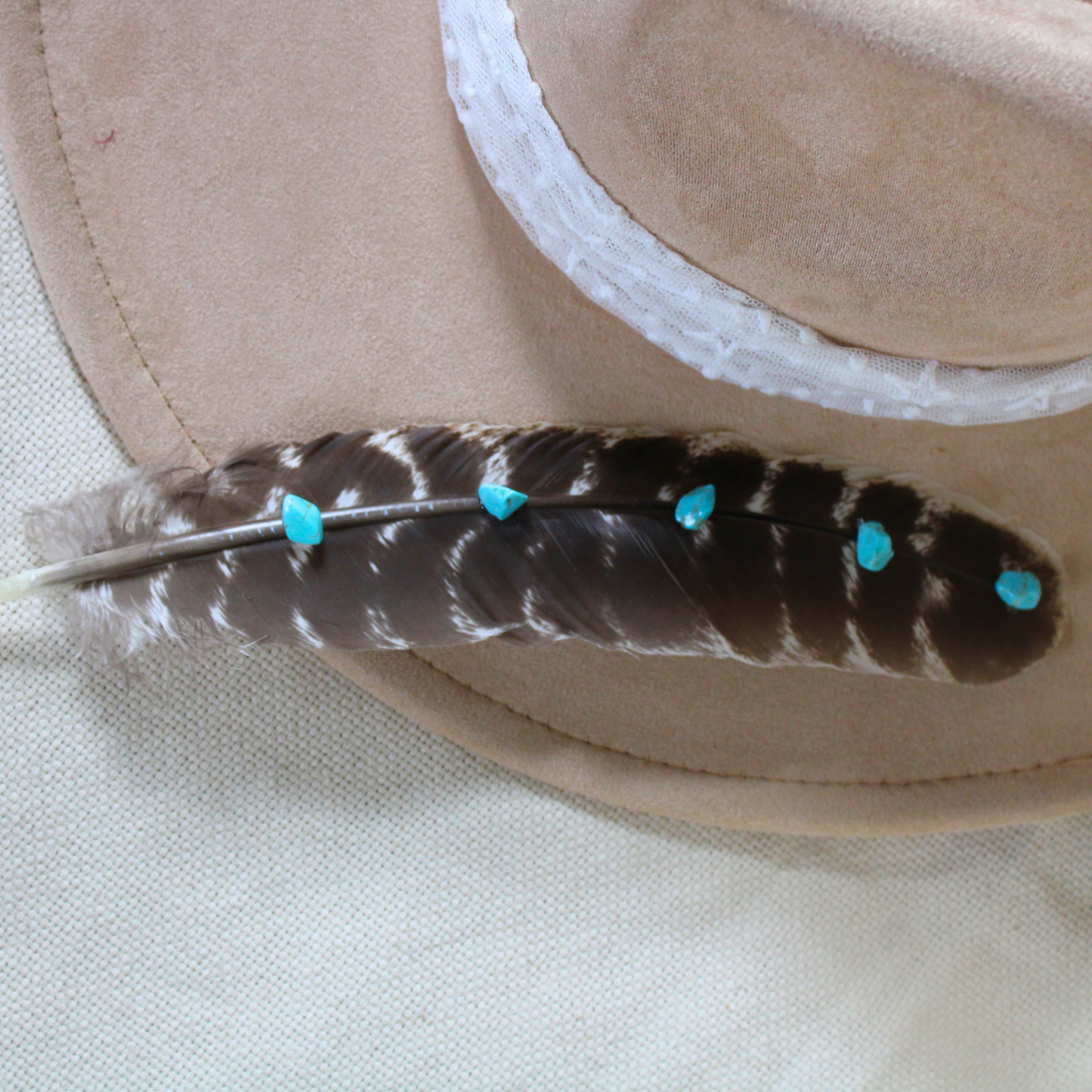 Hand-Studded Natural Barred Turkey Feather with Turquoise Howlite