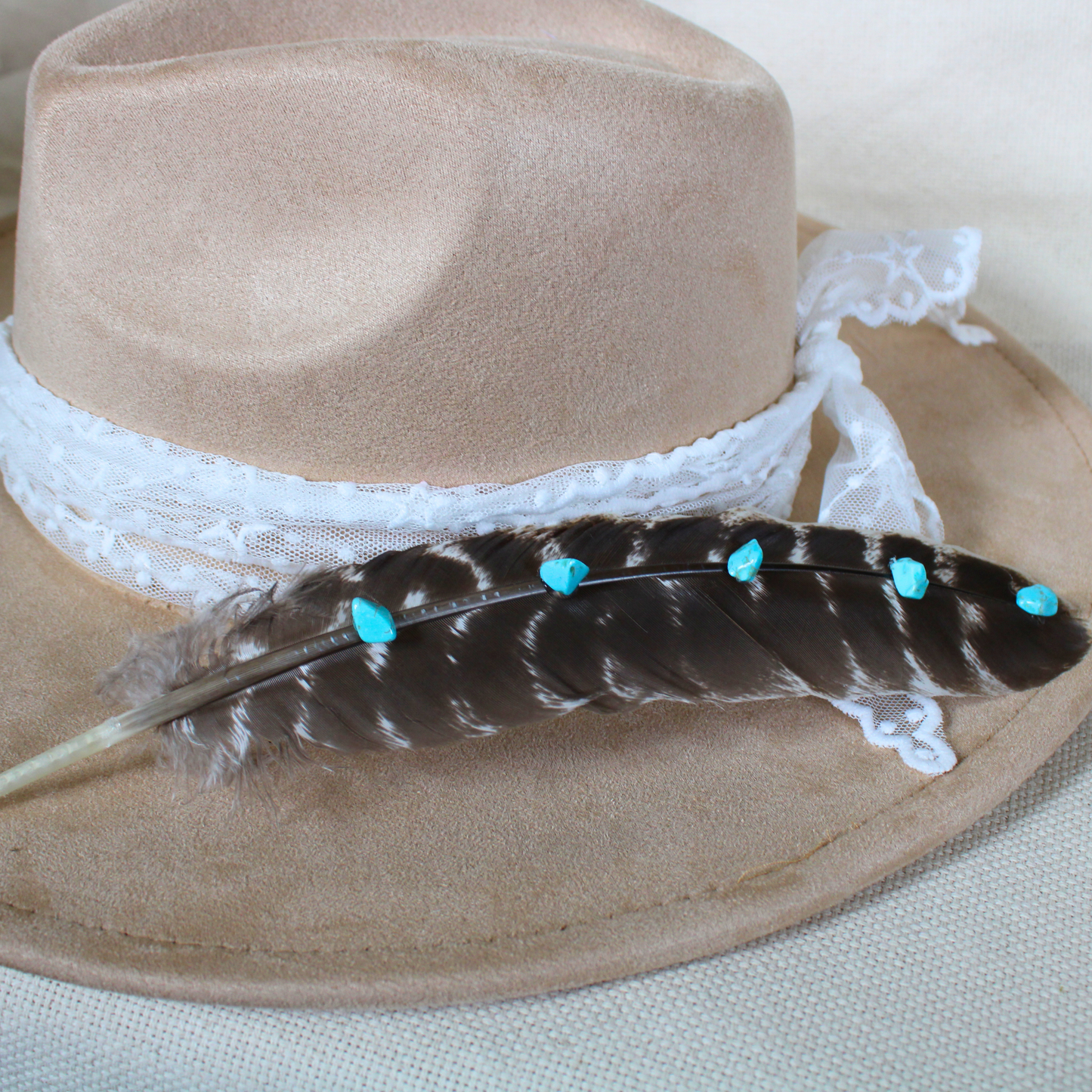 Hand-Studded Natural Barred Turkey Feather with Turquoise Howlite