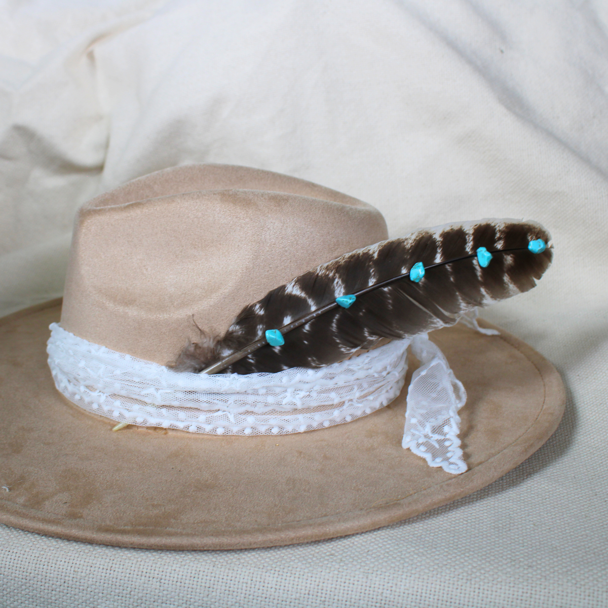 Hand-Studded Natural Barred Turkey Feather with Turquoise Howlite