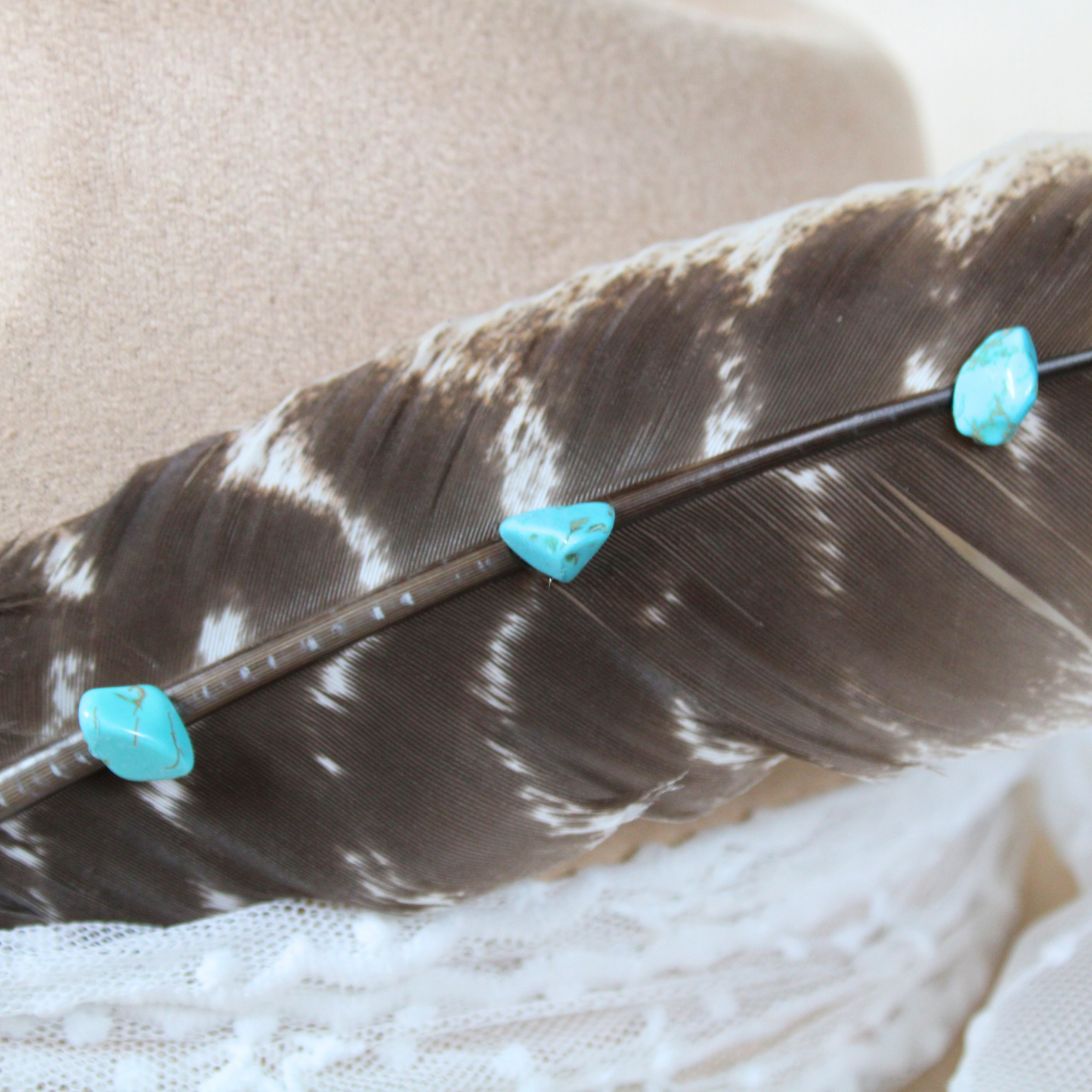 Hand-Studded Natural Barred Turkey Feather with Turquoise Howlite