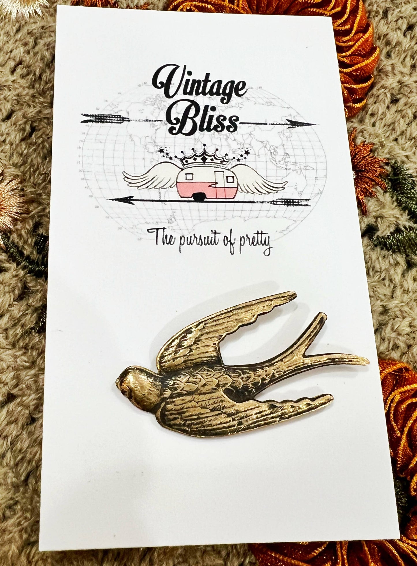 Brass Patina Flying Sparrow Bird Hat Pin