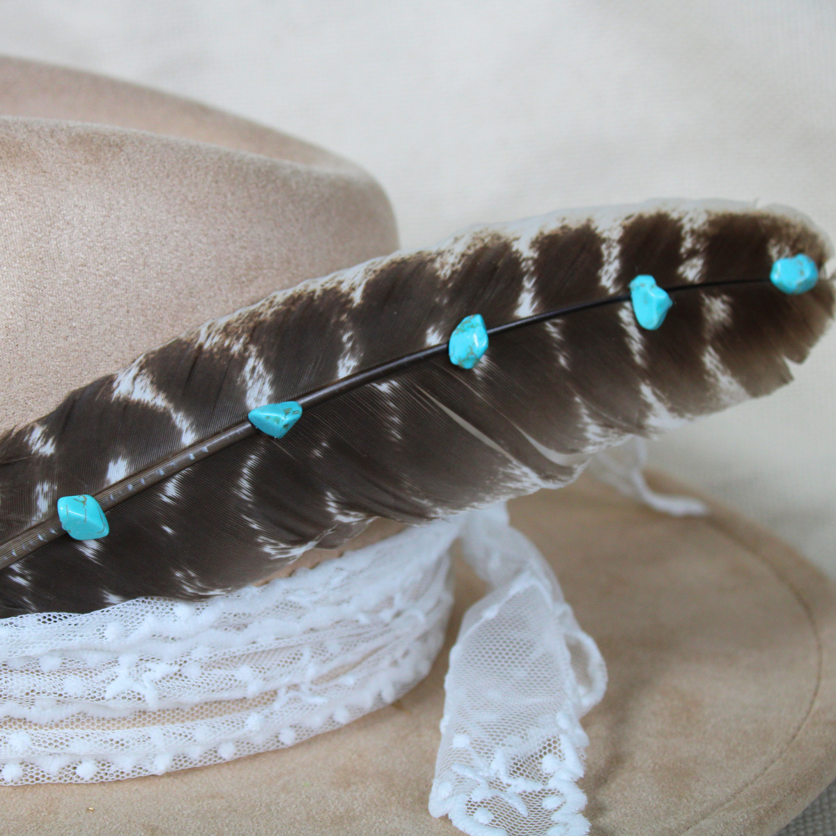 Hand-Studded Natural Barred Turkey Feather with Turquoise Howlite