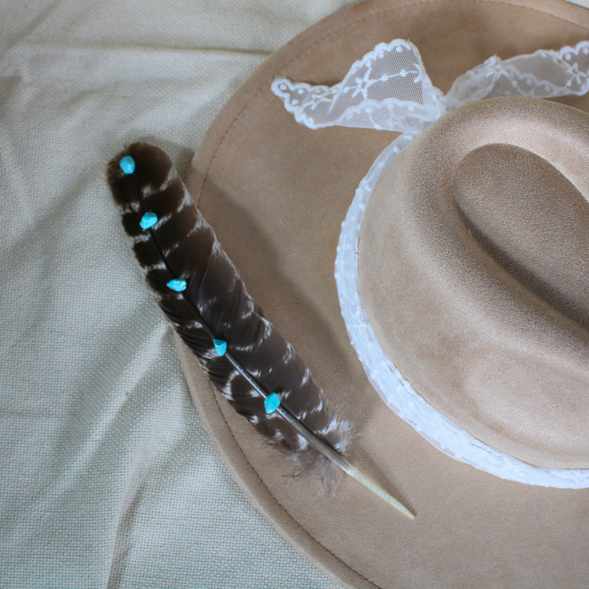 Hand-Studded Natural Barred Turkey Feather with Turquoise Howlite